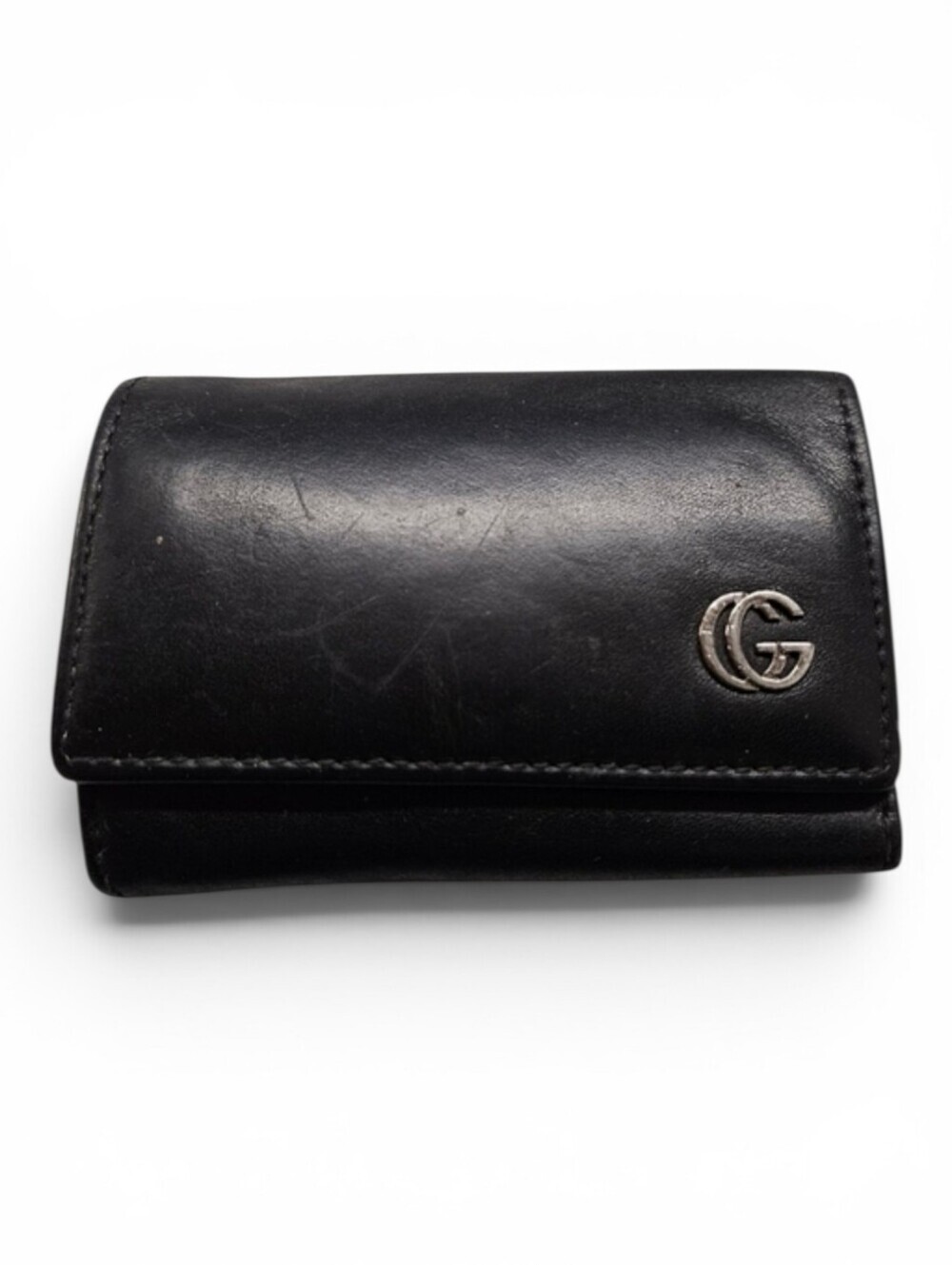 Gucci Leather Key Holder Compact Wallet In Black with Silver GG Monogram Logo